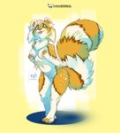 anthro barely_visible_genitalia barely_visible_pussy breasts female fluffy fluffy_tail fur genitals green_eyes long_tail nude orange_body orange_fur pussy round_ears simple_background smile solo symbol tail text tongue tongue_out tuft white_body white_fur kiaun derideal ailurid mammal red_panda colored digital_media_(artwork) english_text hi_res shaded signature url