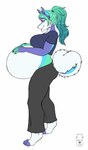 anthro belly big_belly blue_body blue_clothing blue_fur blue_topwear clothed clothing female fur gradient_hair green_body green_fur green_hair hair hand_on_belly huge_belly pink_eyes pregnant pregnant_anthro pregnant_female side_view simple_background solo standing topwear white_background white_body white_fur milk-jug canid canine mammal