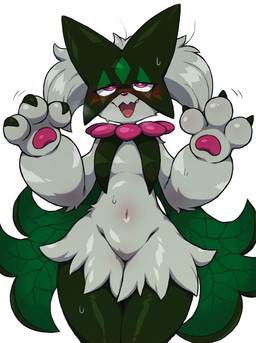 3_fingers ambiguous_gender anthro blush bodily_fluids claws finger_claws fingers flower_(anatomy) fur green_body green_fur jagged_mouth mask navel open_mouth pawpads paws pink_eyes pink_nose simple_background solo sweat sweatdrop thick_thighs white_background fuyugaki15 nintendo pokemon generation_9_pokemon meowscarada pokemon_(species) hi_res