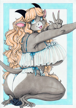 2_horns anthro big_breasts biped blonde_hair blue_eyes breasts brown_body brown_fur butt clothed clothing crouching eyelashes female fur gesture hair hand_gesture hooves horn huge_breasts kneeling lingerie lips long_hair looking_at_viewer looking_back looking_back_at_viewer panties pupils smile solo tail thick_bottom_lip thong under_boob underwear unguligrade v_sign longinius cindy_(longinius) bovid bovine cattle mammal hi_res