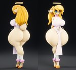 3d_(artwork) angel anthro big_breasts big_butt black_background blonde_hair blue_eyes bovid breasts butt caprine clothing digital_media_(artwork) dress female freckles front_and_back hair halo hooves huge_butt leg_ring mammal multiple_angles orange_hooves pink_wristband rumakis sera_(suirano) sheep simple_background solo thick_thighs white_clothing white_dress wide_hips