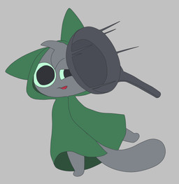 cloak clothed clothing cookware featureless_feet feet frying_pan green_cloak green_clothing green_sclera grey_background grey_body kitchen_utensils male open_mouth simple_background solo tail tools tuft violence wince gooblie_2 isaac_(gooblie_ii) domestic_cat felid feline felis mammal absurd_res hi_res