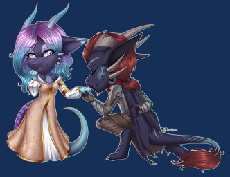 anthro anthro_on_anthro armor black_body blue_eyes blue_hair breasts broken_horn brown_hair chibi clothed clothing duo eyes_closed female fluffy fluffy_tail hair horn love male male/female multicolored_hair open_mouth open_smile purple_hair romantic romantic_ambiance romantic_couple smile tail teeth two_tone_hair ariveil mythology dragon mythological_creature mythological_scalie scalie absurd_res alpha_channel hi_res