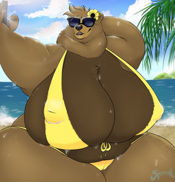 accessory anthro beach belly big_breasts bikini breasts brown_body brown_fur brown_hair camel_toe cellphone claws cleavage clothed clothing cloud curvy_figure detailed_background electronics eyewear fangs female flower flower_in_hair fur hair hair_accessory hand_behind_head holding_cellphone holding_object holding_phone holding_smartphone huge_breasts huge_hips huge_thighs hyper hyper_breasts inner_boob logo neck_tuft nipple_outline nipples open_mouth overweight overweight_anthro overweight_female palm_tree pawpads paws phone plant pose puffy_nipples raised_arm sea skimpy sky smartphone solo sunglasses swimwear taking_picture taking_selfie teeth thick_thighs tree tuft two-piece_swimsuit voluptuous water wave wearing_sunglasses wet wet_body wet_fur wide_hips yellow_bikini yellow_clothing yellow_swimwear squeeeshie sonnie_bear bear mammal 2020 artist_logo hi_res portrait three-quarter_portrait