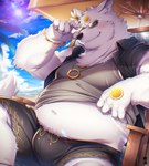 anthro beach belly big_belly bottomwear bulge clothing cloud detailed_background eyewear humanoid_hands kemono male navel outside overweight overweight_male seaside shirt shorts sitting solo sun sunglasses topwear hinami canid canine canis mammal wolf 2022 hi_res