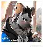 anthro black_hair blush clothed clothing dessert ear_piercing eyebrow_piercing facial_piercing food fur grey_body grey_fur hair holding_food holding_ice_cream holding_object ice_cream looking_away male piercing solo tongue tongue_out cyanlocker arknights hypergryph studio_montagne spot_(arknights) hyena mammal spotted_hyena 2023 hi_res