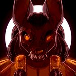 accessory anthro big_ears circle dark_body dark_fur decaying dreadlocks fur hair_accessory male markings neckwear skeletal smile solo xstupid_furryx shado_(shadoclawx) anubian_jackal canid canine canis jackal mammal undead ushabti 1:1 2020 bust_portrait hi_res portrait shaded