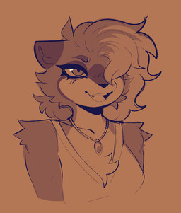 anthro brown_body brown_fur brown_hair clothed clothing eyelashes fangs female fluffy fluffy_chest fur hair hair_over_eye jewelry multicolored_body multicolored_fur multicolored_hair necklace neckwear open_mouth smile solo teeth topwear two_tone_body two_tone_fur two_tone_hair conditional_dnp welwraith erin_(welwraith) mammal mustelid musteline stoat true_musteline weasel 2026 digital_drawing_(artwork) digital_media_(artwork) half-length_portrait orange_theme portrait sketch nonbinary_(lore)