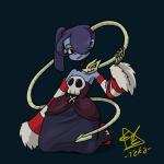 bangs blue_body blue_skin clothed clothing female fully_clothed kneeling red_eyes sewn_mouth simple_background solo teka skullgirls leviathan_(skullgirls) squigly chimera humanoid undead zombie 1:1