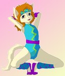 aerobics anthro clothing crouching female flat_chested gradient_background hair leg_warmers legwear leotard simple_background solo spandex sweatband tail tight_clothing wrist_warmers kawaoneechan farrah_furcett felid felin mammal 2023 absurd_res digital_media_(artwork) hi_res