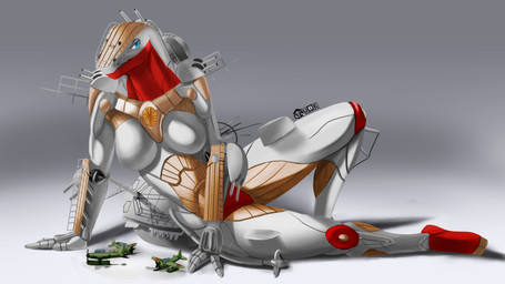 abstract_background aircraft battleship blue_eyes breasts female grey_background grey_body gun looking_at_viewer lying_on_ground machine multicolored_body on_ground ranged_weapon red_body safe_nudity ship simple_background smile smiling_at_viewer solo vehicle warship watercraft weapon wood drqube hydroplane living_machine living_ship living_vehicle living_watercraft shipmorph 16:9 absurd_res hi_res widescreen