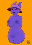 anthro breasts buckteeth clothing crossed_arms female genitals hat headgear headwear looking_at_viewer navel nipples one_eye_closed open_mouth pussy simple_background solo standing teeth thick_thighs whiskers wink nonesaint undertale undertale_(series) rabbit_shopkeeper lagomorph leporid mammal rabbit 2018 absurd_res digital_media_(artwork) hi_res