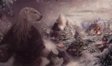 axe black_nose day detailed_background holding_object holding_weapon male melee_weapon outside sky snow solo weapon raventenebris bear mammal polar_bear ursine digital_media_(artwork)