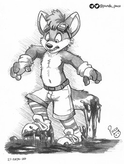 anthro bared_teeth bottomwear clothed clothing eyewear eyewear_on_head fangs footwear front_view goggles goggles_on_head logo male navel shoes shorts simple_background solo standing teeth topless young young_anthro young_male pandapaco canid canine mammal 2020 artist_logo dated monochrome signature sketch