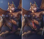 animal_genitalia animal_penis anthro armor before_and_after blonde_hair bottomwear bottomwear_aside butt cape claws clothed clothing clothing_aside collar erection genital_slit genitals hair harness horn horn_jewelry horn_ring jewelry knot loincloth loincloth_aside looking_at_viewer male penis ring_(jewelry) scales sitting smile solo spread_wings straps straps_across_chest teeth topwear two_panel_image underwear underwear_aside ventral_scales weapon wings yellow_eyes anxiouslynx mythology animal_humanoid dragon dragon_humanoid horned_humanoid humanoid mythological_creature mythological_scalie reptile scalie absurd_res digital_media_(artwork) hi_res