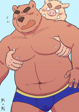 anthro belly blue_background blush bulge chest_grab clothing duo eyes_closed grope groping_from_behind humanoid_hands kemono male male/male moob_grab moobs navel nipples overweight overweight_male simple_background underwear kick_(artist) bear mammal suid suine sus_(pig) wild_boar 2015