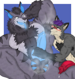 animal_genitalia animal_penis anthro armpit_hair armpit_sniffing balls big_balls blue_penis bodily_fluids body_hair canine_genitalia canine_penis chest_hair duo fur genital_fluids genitals glowing glowing_genitalia glowing_penis glowing_tongue grey_body grey_fur hair happy_trail knot leaking_precum male male/male penis precum purple_hair sniffing tongue nicolasthewolf hi_res