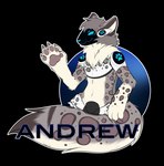 anthro badge brown_body brown_fur claws footprint fur grey_body grey_fur leopard_spots machine male multicolored_body pawpads pawprint solo spots visor white_body white_fur giru_(artist) andrew_(character) felid hybrid mammal pantherine protogen snow_leopard hi_res