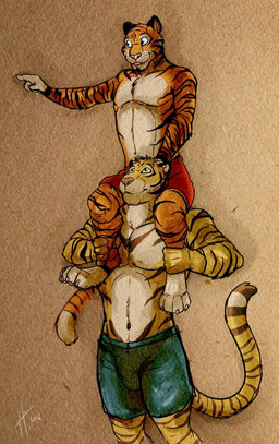 anthro athletic athletic_anthro athletic_male blue_bottomwear blue_clothing blue_eyes blue_shorts bottomwear carrying_another clothed clothing duo front_view fur green_eyes male male_anthro markings navel on_shoulder orange_body orange_fur red_bottomwear red_clothing red_shorts shorts simple_background smile standing striped_arms striped_legs striped_markings striped_tail stripes tail tail_markings topless white_body white_fur yellow_body yellow_fur hufnaar hufnaar_(character) ulbrek 2016 dated signature