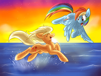 blonde_hair blue_body blue_feathers blue_fur cutie_mark detailed_background duo feathered_wings feathers female feral flying fur hair happy multicolored_hair multicolored_tail outside purple_eyes rainbow_hair rainbow_tail smile splash star sun sunset tail water wings fizzy-dog friendship_is_magic hasbro my_little_pony mythology applejack_(mlp) rainbow_dash_(mlp) earth_pony equid equine horse mammal mythological_creature mythological_equine pegasus pony 2013 4:3 digital_media_(artwork) shaded