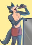 anthro beverage biped black_nose bottomwear clothed clothing eyebrows fangs fur holding_beverage holding_object male milk multicolored_body multicolored_fur open_mouth simple_background solo standing suggestive teeth tongue topless two_tone_body two_tone_fur underwear underwear_only yellow_background trashcamell beastars legoshi_(beastars) canid canine canis mammal wolf 2021 digital_media_(artwork)