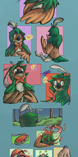 after_transformation captured capturing dialogue duo ellipsis female feral looking_at_self male pokeball pokemon_speak shadowed_eyes speech_bubble surprised unconscious waking_up fauvfox nintendo pokemon hilbert_(pokemon) hilda_(pokemon) pokemon_trainer avian decidueye generation_7_pokemon human mammal pokemon_(species) 2017 absurd_res comic hi_res