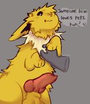 balls blush blush_lines feral fur genitals knot male paws penis petting presenting presenting_penis solo text yellow_body yellow_fur gullswoop nintendo pokemon eeveelution generation_1_pokemon jolteon pokemon_(species) english_text hi_res