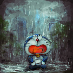 anthro bell blue_body blue_fur bodily_fluids collar crying dark eyes_closed front_view fur kneeling machine male outside plant pouch_(anatomy) raining red_collar red_nose solo tears tongue tree whiskers white_body white_fur mt_tg doraemon doraemon_(character) domestic_cat felid feline felis mammal robot 1:1 2021 shaded