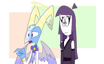 back_wings blue_body blue_eyes blue_skin duo eyebrows feathered_wings feathers female flower_accessory gesture hair halo hand_gesture horn male pointing purple_hair raised_eyebrow wings emositecc hellaverse helluva_boss blitzo_(helluva_boss) lila_(spooky_month) angel angel_humanoid human humanoid mammal hi_res reaction_image