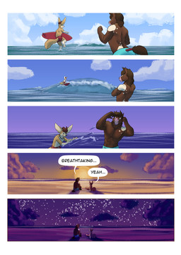 anthro beach detailed_background dialogue male outside seaside sunset surfing text rinzy canid canine equid equine fennec_fox fox horse mammal true_fox comic english_text