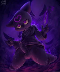anthro balls black_body black_fur bodily_fluids bottomless clothed clothing cum cum_everywhere erection foreskin fur genital_fluids genitals group heart_symbol magic_wand male messy mind_control open_mouth penis possession purple_eyes ringed_eyes shirt solo_focus tongue tongue_out topwear nurinaki google google_doodle magic_cat_academy momo_(google) domestic_cat felid feline felis ghost mammal spirit 2018