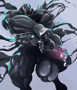 balls big_balls big_muscles big_penis black_body bodily_fluids dripping foreskin genital_fluids genitals half-erect huge_balls huge_penis male muscular muscular_humanoid muscular_male penis pose precum precum_drip precum_string sharp_teeth solo teeth vein veiny_penis weskers marvel marvel_rivals venom_(marvel) alien alien_humanoid humanoid symbiote 2025 hi_res