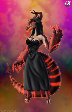 anthro big_breasts black_hair breasts clothed clothing dress female glowing hair horn magic_user multicolored_body open_mouth orange_eyes red_body solo tongue tongue_out two_tone_body witch viroveteruscy if_hell_had_a_taste zas_snebbong kobold scalie 2025 absurd_res digital_media_(artwork) hi_res