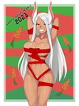 animal_ears big_breasts border breasts dark_body dark_skin eyelashes female front_view fur gift_wrapped green_background hair hands_behind_head holidays long_hair looking_at_viewer navel pube_peek pubes red_background red_eyes simple_background smile solo text thick_thighs white_body white_border white_fur white_hair white_pubes wide_hips ravenrine christmas my_hero_academia rumi_usagiyama animal_humanoid humanoid lagomorph lagomorph_humanoid leporid_humanoid mammal mammal_humanoid rabbit_humanoid absurd_res hi_res