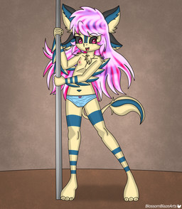 anthro blue_clothing blue_panties blue_underwear bow_panties bow_underwear chest_fur clothed clothing feathers female flat_chested freckles hair long_hair long_tail looking_at_viewer nipples open_mouth panties panties_only pole pose solo spread_legs spreading tail topless underwear underwear_only young young_anthro blossomblaze avali avian absurd_res hi_res