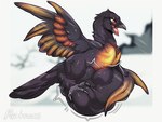 belly big_belly endosoma female feral fire flaming_wings predator/prey safe_vore snow solo struggling unusual_anatomy unusual_wings vore wings winter plateous fan_character avian bird corvid corvus_(genus) crow oscine passerine hi_res