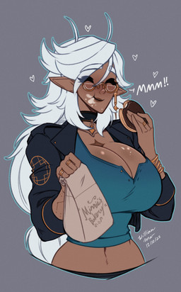 big_breasts bracelet breasts choker cleavage clothed clothing cream_pie_(food) disguise ear_piercing eating eyewear female glasses hair humanoid_pointy_ears jewelry necklace piercing pointy_ears ring solo white_hair wmdiscovery93 azure_(wmdiscovery93) humanoid hi_res