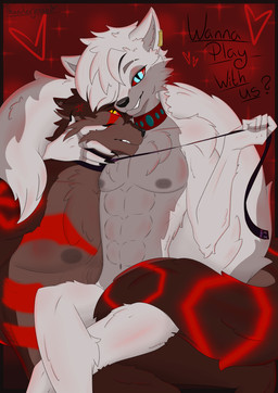 anthro anthro_on_anthro black_nose collar collar_only convenient_censorship cross-popping_vein dialogue duo femboy fur holding_leash holding_object leash leashed_collar male male/male markings nipples nude nude_anthro nude_male red_body red_fur red_markings tail tail_censorship teeth text wearing_collar white_body white_fur thunderjessie hellaverse helluva_boss mythology fan_character havok_the_hellscarred silver_(thunderjessie) canid canid_demon canine demon hellhound mammal mythological_canine mythological_creature absurd_res english_text hi_res story story_in_description