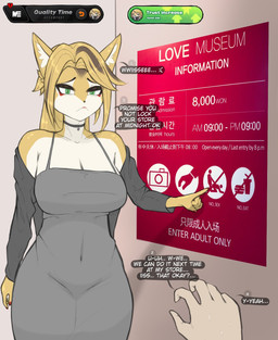 :< anthro anthro_focus bare_shoulders big_breasts black_choker black_clothing black_coat black_jewelry black_necklace black_topwear blonde_hair breasts choker cleavage clothed clothing coat dialogue disembodied_hand dress duo faceless_character faceless_human faceless_male female female_focus first_person_view gameplay_mechanics gesture green_eyes grey_clothing grey_dress gui hair hand_gesture hud human_pov inner_ear_fluff jewelry long_hair looking_at_viewer male male_pov navel_outline necklace off_shoulder pointing pupils raised_finger raised_index_finger sleeveless_dress slit_pupils solo_focus spaghetti_strap speech_bubble standing text topwear trusting tuft wide_hips mashakseh mihoyo zenless_zone_zero pulchra_fellini wise_(zenless_zone_zero) domestic_cat felid feline felis human mammal thiren digital_drawing_(artwork) digital_media_(artwork) english_text hi_res