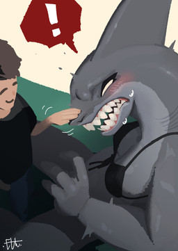 anthro biped blush breasts clothed clothed_anthro clothed_female clothed_human clothed_male clothing duo female fingers hair male simple_background sitting smile standing teeth el-k brea_(el-k) aquatic fish human mammal shark 2026 absurd_res digital_drawing_(artwork) digital_media_(artwork) hi_res
