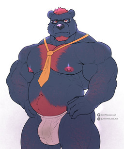 anthro arm_hair belly_hair black_nose blue_body blue_fur body_hair bottomwear bulge chest_hair clothing eyewear facial_hair front_view fur glasses glistening glistening_eyes goatee hair hand_on_hip looking_at_viewer male male_anthro markings mouth_closed muscular muscular_anthro muscular_male narrowed_eyes necktie orange_necktie overweight overweight_anthro overweight_male patreon_logo pink_bottomwear pink_clothing rectangular_glasses red_eyes red_hair red_markings short_hair simple_background solo standing text white_background x_logo johnthelewd_art patreon 5:6 absurd_res artist_name hi_res portrait three-quarter_portrait