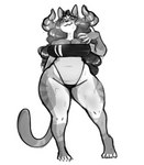 anthro big_breasts bodily_fluids breasts clothing curvy_figure female hair horn long_hair looking_at_viewer one-piece_swimsuit solo standing sweat swimwear thick_thighs translucent translucent_clothing translucent_swimwear voluptuous wide_hips anonymous_artist gris_swimsuit meme_clothing rexa_(character) domestic_cat felid feline felis mammal hi_res meme monochrome