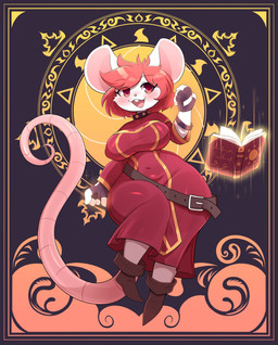 anthro belt big_breasts blush book boots breasts brown_boots brown_clothing brown_footwear buckteeth clothing eyelashes female fingerless_gloves footwear freckled_face freckles fur gloves hair handwear magic_book navel_outline nipple_outline occult_symbol orange_hair overweight overweight_anthro overweight_female red_clothing red_eyes red_robe robe shoes sigil solo symbol tail teeth thick_thighs white_body white_fur wide_hips thedeirdre96 emz_(leonthezorua) mammal murid murine rat rodent hi_res
