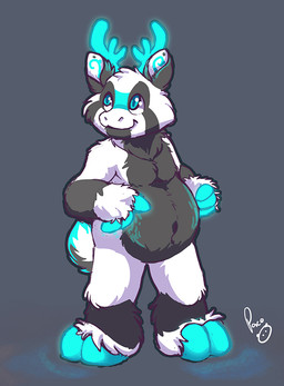 anthro antlers belly big_belly blue_antlers blue_hooves closed_smile featureless_crotch front_view fur glistening glistening_eyes glowing glowing_antlers glowing_hooves grey_background grey_body grey_fur hooves horn logo male mouth_closed navel nude overweight overweight_anthro overweight_male simple_background smile solo standing white_body white_fur young young_anthro young_male pandapaco deer mammal artist_logo full-length_portrait portrait signature