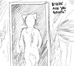 anthro black_and_white canid canine daniel_(hladilnik) dialogue english_text hladilnik male mammal monochrome nude offscreen_character rear_view simple_background sketch solo text white_background