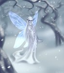 ambiguous_gender blue_and_white blue_wings clothed clothing fairy forest hair hi_res humanoid humanoid_pointy_ears insect_wings long_hair monochrome outside plant purple_eyes robe snow snowing solo taraelblackwing tree walking white_body white_hair white_skin winged_humanoid wings winter