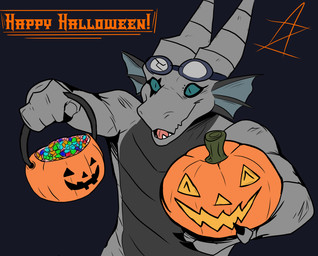 ambiguous_gender anthro blue_eyes candy dessert excited eyewear food fruit goggles happy holidays jack-o'-lantern plant pumpkin simple_background solo white_body azurian halloween mythology azurian_arafiel dragon mythological_creature mythological_scalie scalie absurd_res flat_colors hi_res