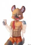 abs blush bodily_fluids bulge cellphone clothed clothing electronics male muscular muscular_male open_clothing open_shirt open_topwear pecs phone shirt solo sweat topwear sharparadise aggretsuko sanrio haida_(aggretsuko) hyena mammal spotted_hyena