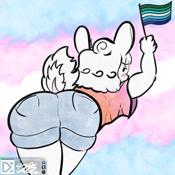 anthro big_butt blush bottomwear butt butt_focus clothing crossed_legs crossgender curly_hair denim denim_bottomwear denim_clothing denim_shorts flag fluffy fluffy_tail ftm_crossgender fuzzy hair holding_object jeans leaning leaning_forward lgbt_pride looking_back male pants pride_color_flag pride_colors shorts solo tail text vincian_pride_colors white_body white_hair debee 1:1 2026 artist_name colored digital_drawing_(artwork) digital_media_(artwork) hi_res signature watermark