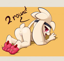 3_fingers 3_toes accessory anthro anus black_nose blush butt chest_tuft crossed_ankles crossed_legs dialogue digit_ring feet female fingers floppy_ears fur genitals headband headband_only hindpaw jewelry legs_up nude nude_female open_mouth open_smile paws pokemorph presenting presenting_hindquarters presenting_vulva red_eyes ring simple_background smile soles solo text toe_ring toes tuft vulva white_body white_fur yellow_background toon_draw toon_pinups nintendo pokemon soles_the_raboot generation_8_pokemon lagomorph mammal pokemon_(species) raboot 2024 english_text hi_res